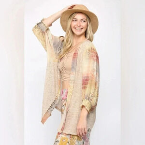 Solid Knit & Chiffon Mixed Cardigan Oatmeal color  boho lightweight cardigan